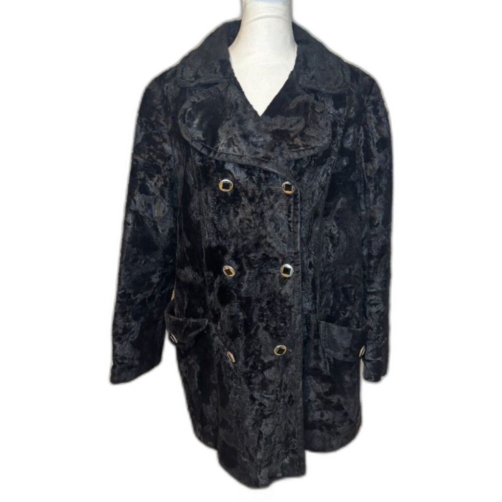 Beeline Vintage Black Faux Fur Double-Breasted Gold Button Coat Jacket
